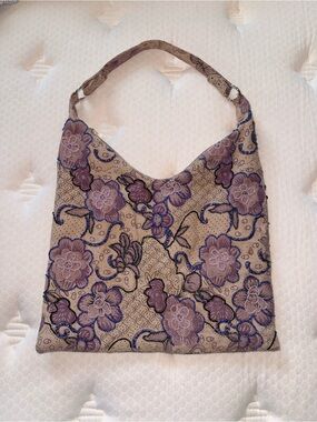 87. Embroidered Floral Shoulder Bag in Lavender and Beige